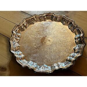 Leonard Silverplate Footed Round Serving Tray. Scalloped Edge. Floral pattern.